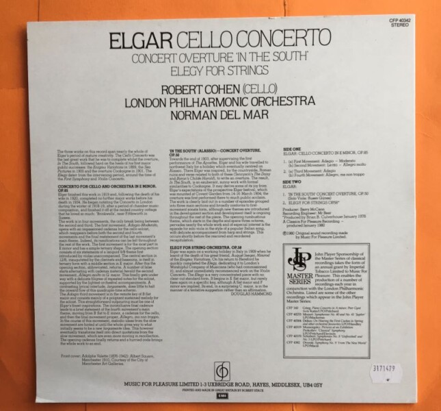 Elgar -Cello Concerto- London PO- Cohen- Del Mar- CFP Records LP 1980 - Image 2