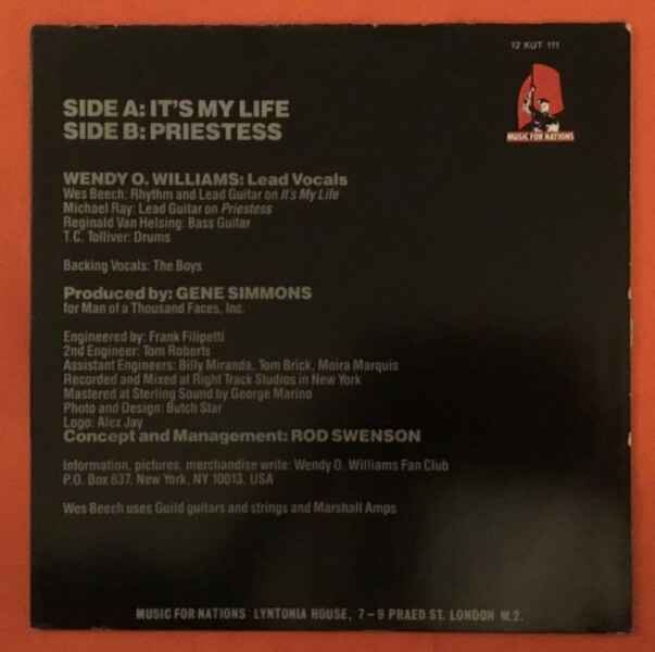 Wendy O. Williams- It's My Life- Priestess- Music For Nations Records 12" 1984 - Image 2