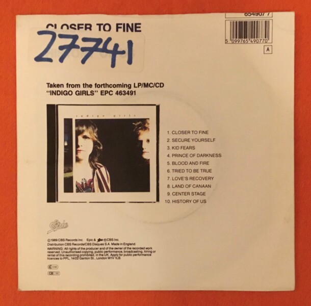 Indigo Girls- Closer To Fine- History of Us- Epic Records 7"- 1989 - Image 2