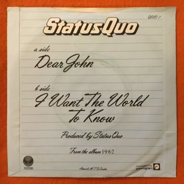 Status Quo- Dear John- I Want The World To Know- Vertigo Records 7" 1982 - Image 2