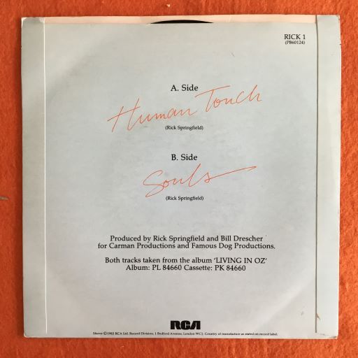 Rick Springfield- Human Touch- Me & Johnny- RCA Records 7"- 1983 - Image 2