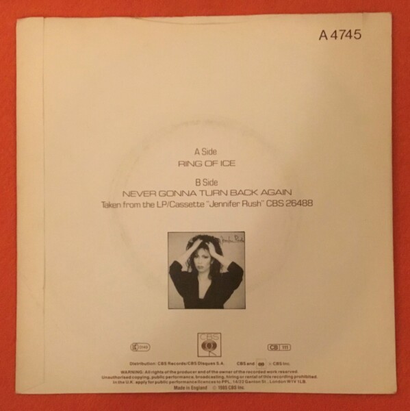 Jennifer Rush- Ring Of Ice- Never Gonna Turn Back Again- CBS Records 7" - 1984 - Image 2