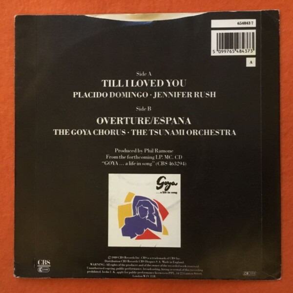 Placido Domingo & Jennifer Rush- Till I Loved You- Overture/Espana- CBS Records 7" -1989 - Image 2