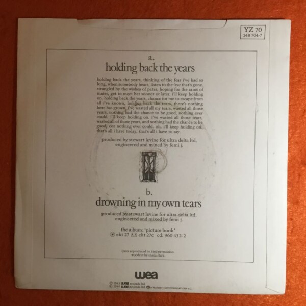 Simply Red- Holding Back The Years- Drowning In My Own Tears- WEA Records 7" - 1985 - Image 2