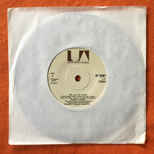 Shirley Bassey- For All We Know- Whats Done Is Done- United Artists Records 7"
