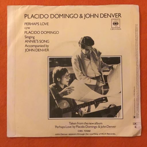 Placido Domingo & John Denver- Perhaps Love- Annie's Song- CBS Records 7" 1981 - Image 2