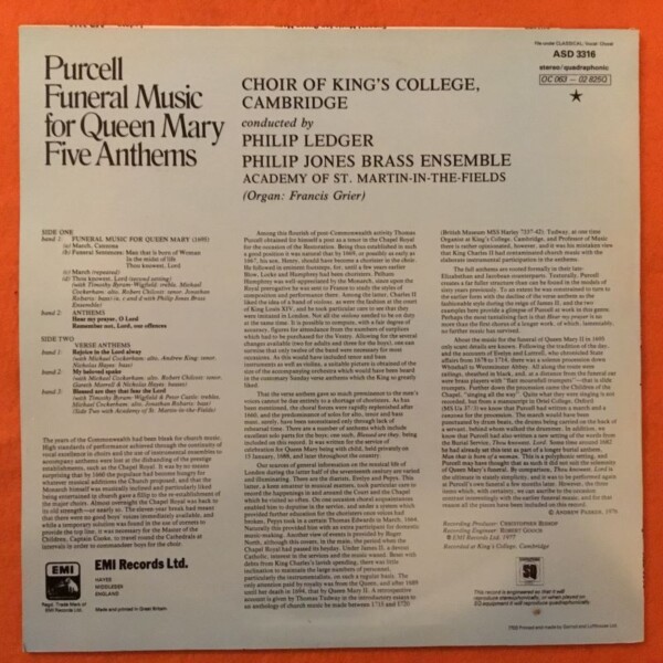 Purcell- Funeral Music For Queen Mary- King College Choir- Ledger -HMV Records LP - Image 2