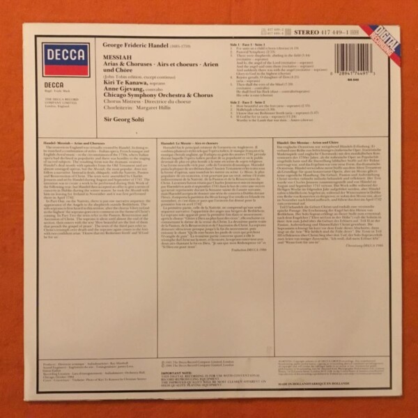 Handel- Messiah- Kiri Te Kanawa- Chicago Symphony Orchestra- Georg Solti- Decca Records- LP 1986 - Image 2