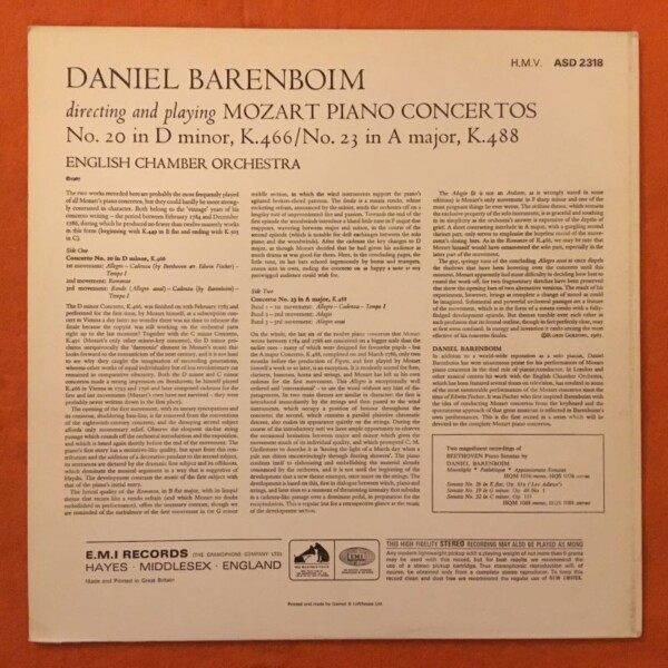 Mozart- Piano Concertos 20 & 23- Daniel Barenboim- English Chamber Orchestra- HMV Records- LP 1967 - Image 2