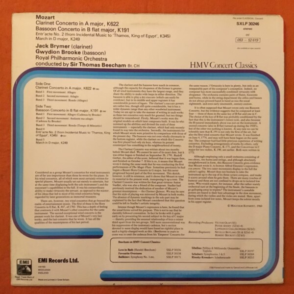 Mozart- Clarinet & Bassoon Concertos- Royal Philharmonic- Thomas Beecham- HMV Records- LP 1960 - Image 2