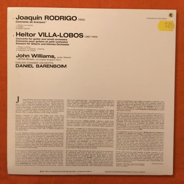 Rodrigo- Concerto De Aranjuez- John Williams- Daniel Barenboim- English Chamber Orchestra- CBS Records- LP 1974 - Image 2