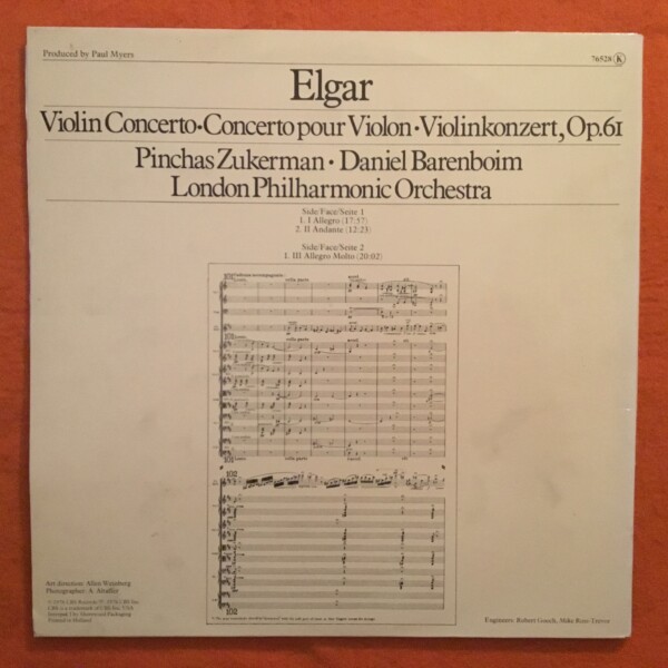 Elgar- Violin Concerto- Zukerman- Barenboim LPO- CBS Records- LP - Image 2
