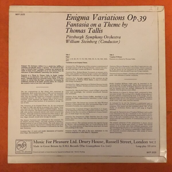 Elgar -Enigma Variations- Steinberg- Pittsburgh SO- MFP/EMI Records- LP - Image 2