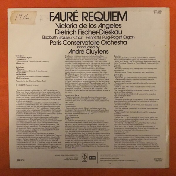 Faure- Requiem- Paris CO- Cluytens- De Los Angeles- Fischer-Dieskau- CFP/EMI Records- LP - Image 2