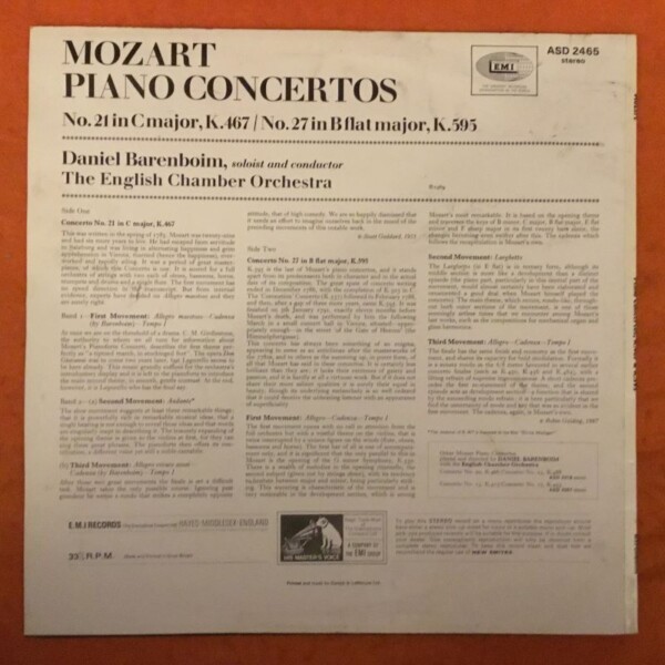 Mozart- Piano Concertos 21 & 27- Daniel Barenboim- English Chamber Orchestra- HMV Records- LP 1967 - Image 2