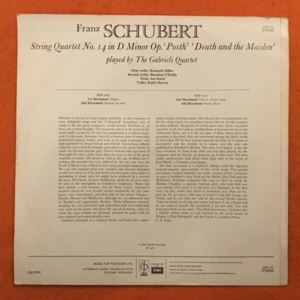 Schubert -String Quartet in D Minor/Death & The Maiden- CFP/EMI Records- LP 1971 - Image 2