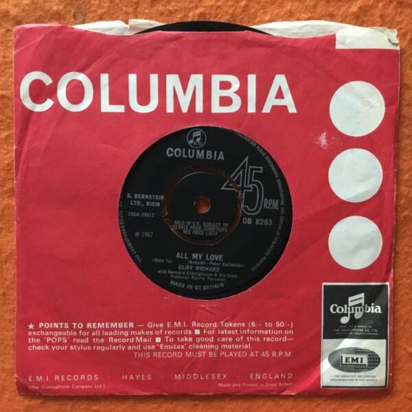 Cliff Richard- All My Love- Sweet Little Jesus Boy- Columbia Records 7" 1967